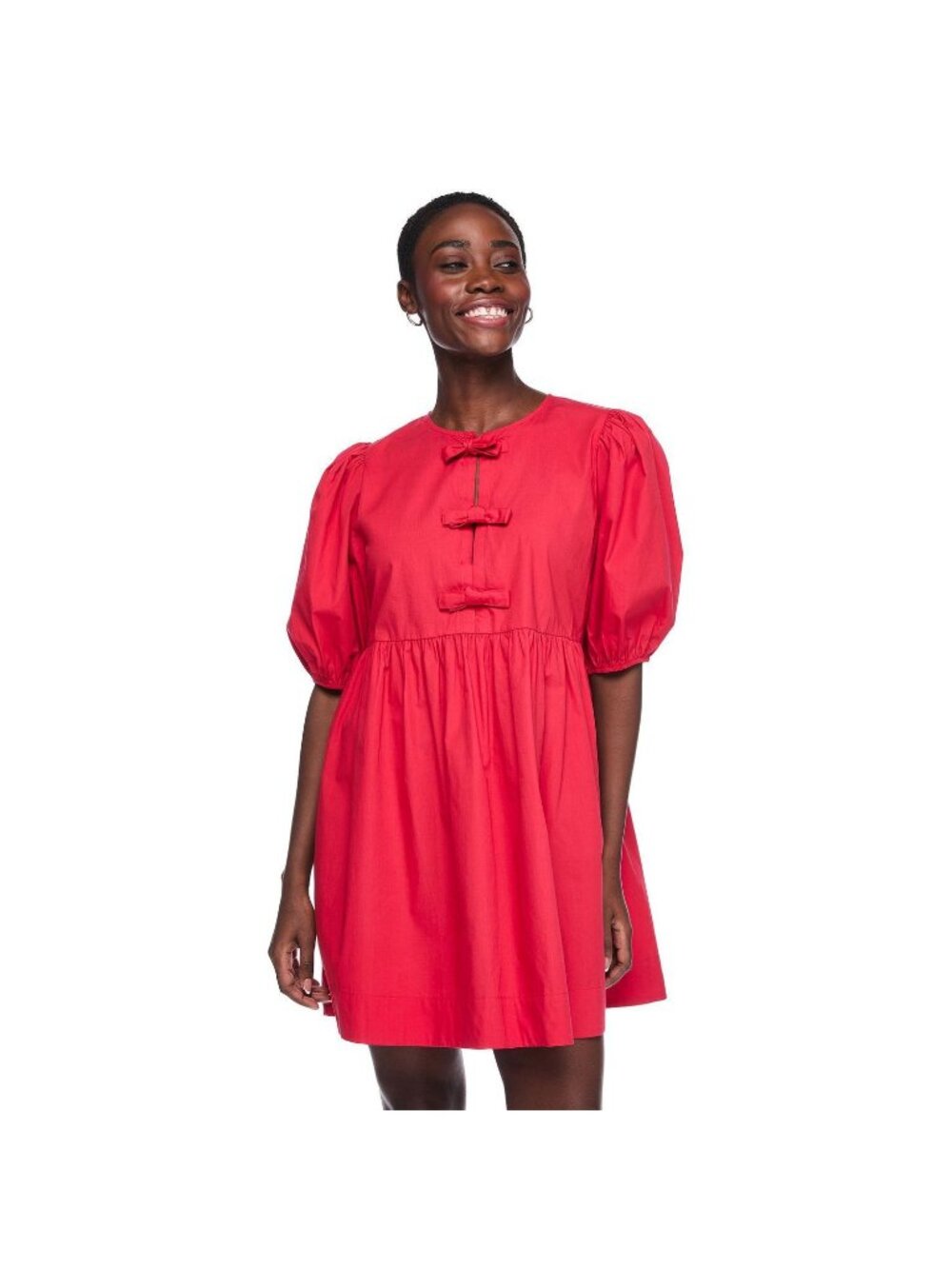 Band Of The Free Red Poplin Cotton Cottage Dress Puff Slve Front Bow Ties Women